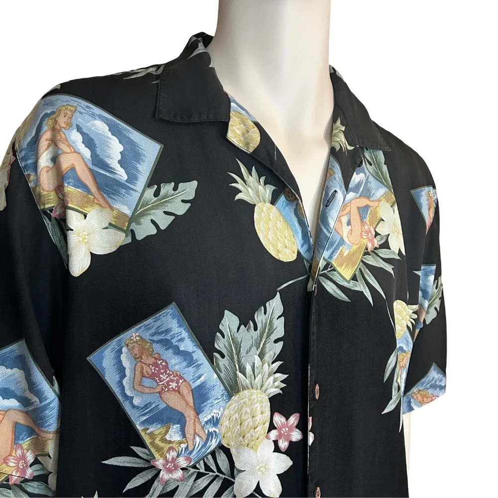 Tommy Bahama Shirt Pinup Girl Pattern 100% Silk Floral Tiki Hawaiian Made Hawaii - Picture 3 of 12